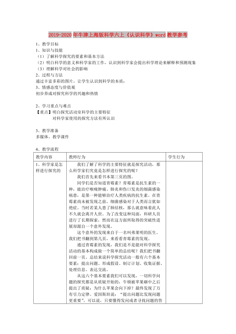 2019-2020年牛津上海版科学六上《认识科学》word教学参考.doc_第1页