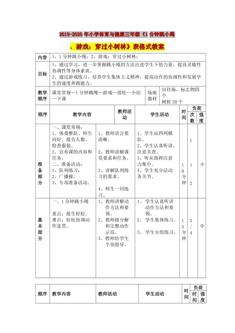 2019-2020年小学体育与健康三年级《1分钟跳小绳、游戏：穿过小树林》表格式教案.doc_第1页