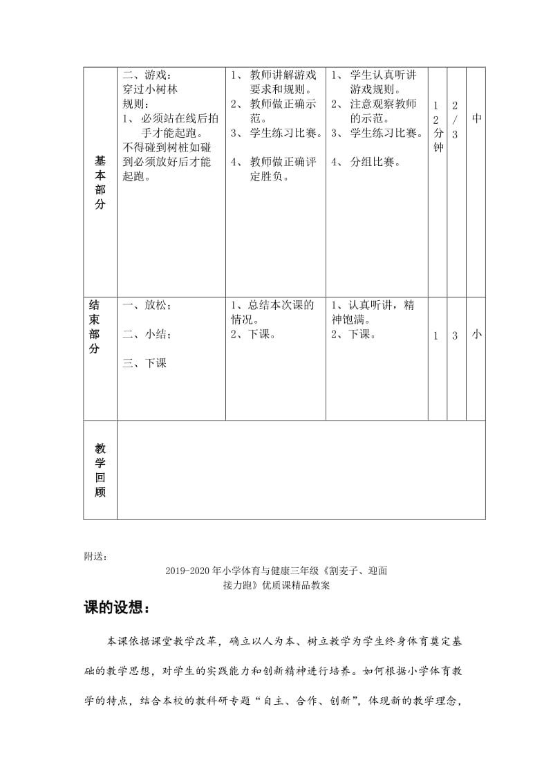 2019-2020年小学体育与健康三年级《1分钟跳小绳、游戏：穿过小树林》表格式教案.doc_第2页