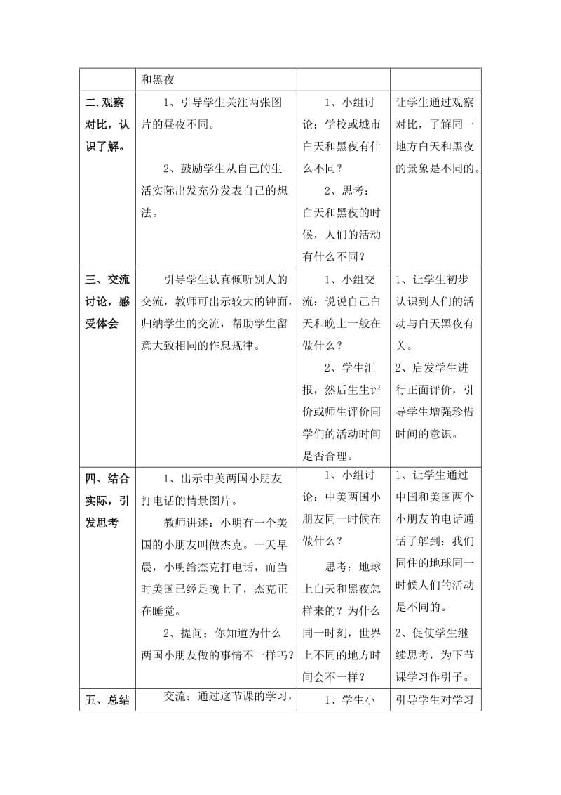 2019-2020年教科版小学科学一年级下册《地球上有白天和黑夜》表格式教学设计附反思.doc_第2页