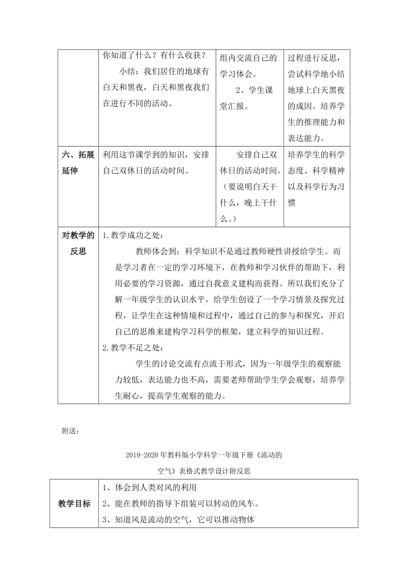 2019-2020年教科版小学科学一年级下册《地球上有白天和黑夜》表格式教学设计附反思.doc_第3页