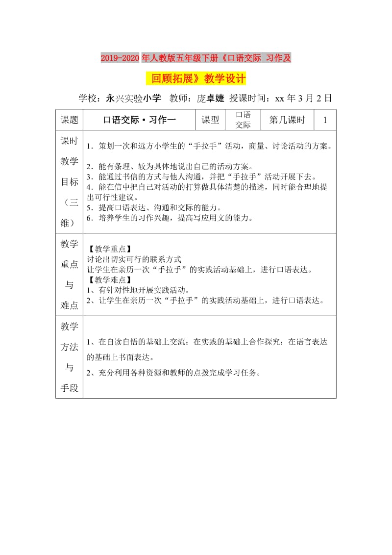 2019-2020年人教版五年级下册《口语交际 习作及 回顾拓展》教学设计.doc_第1页