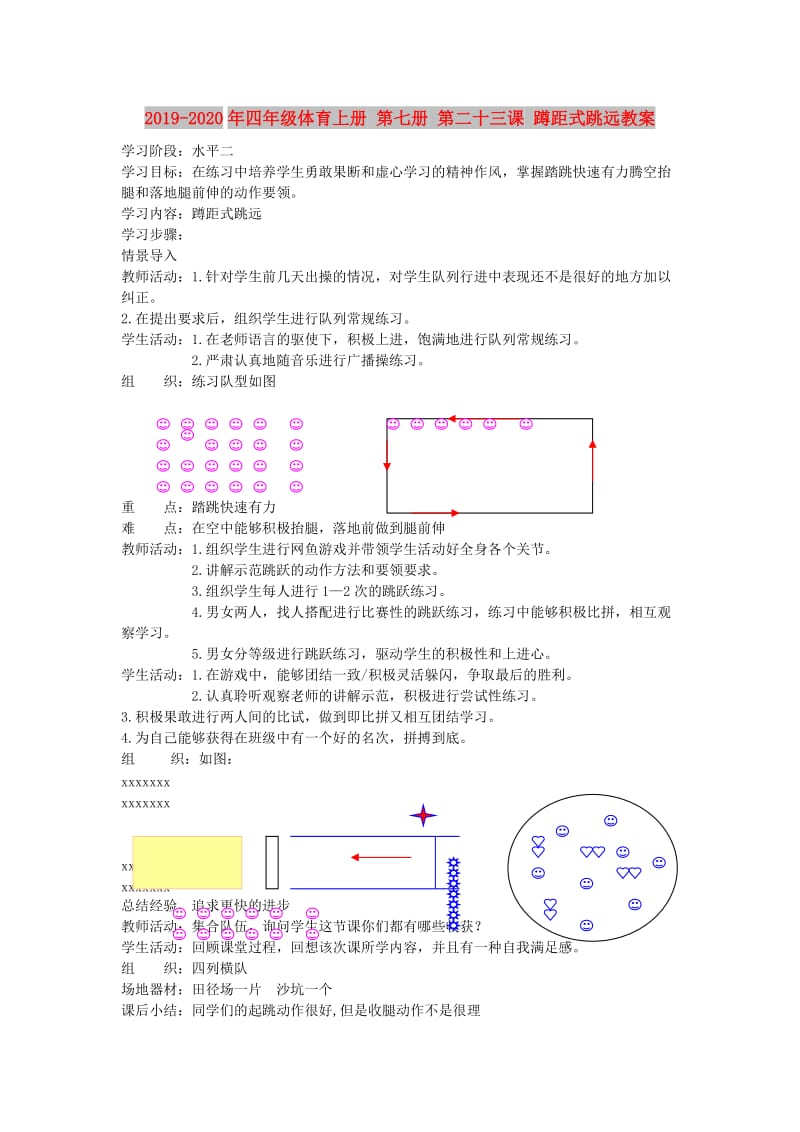 2019-2020年四年级体育上册 第七册 第二十三课 蹲距式跳远教案.doc_第1页