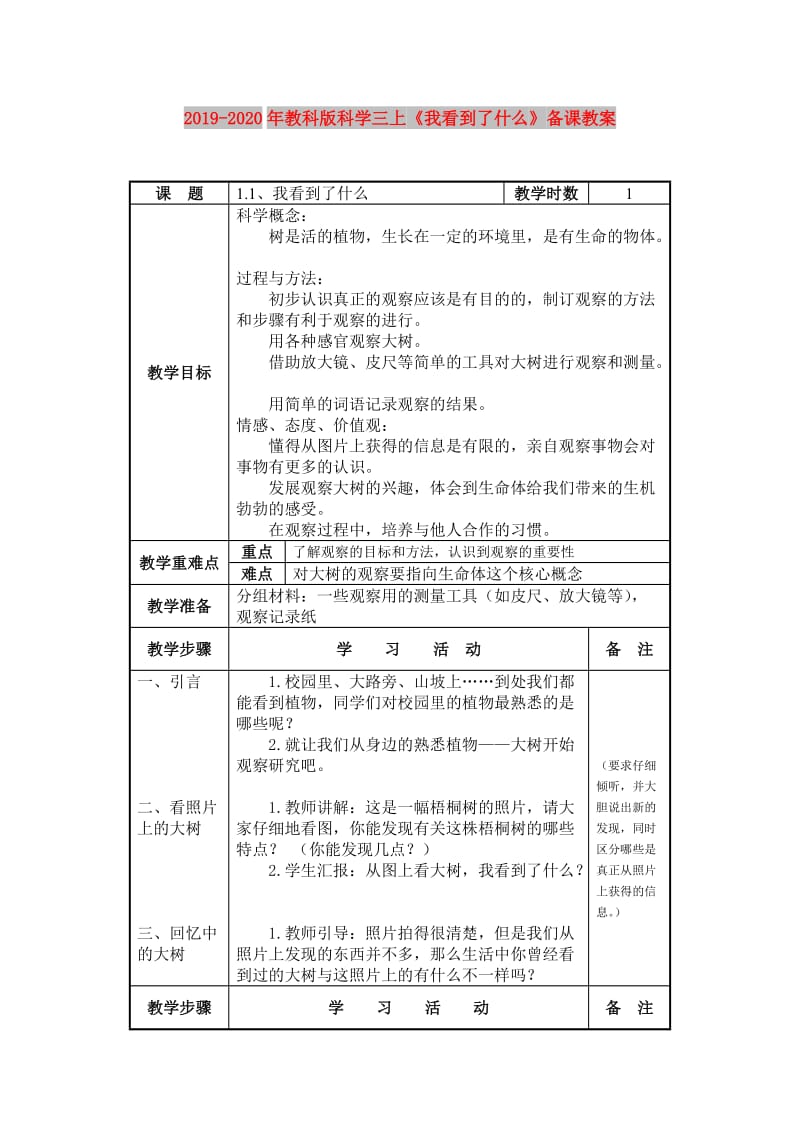 2019-2020年教科版科学三上《我看到了什么》备课教案.doc_第1页