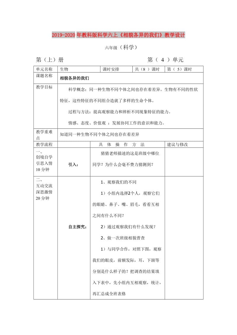 2019-2020年教科版科学六上《相貌各异的我们》教学设计.doc_第1页