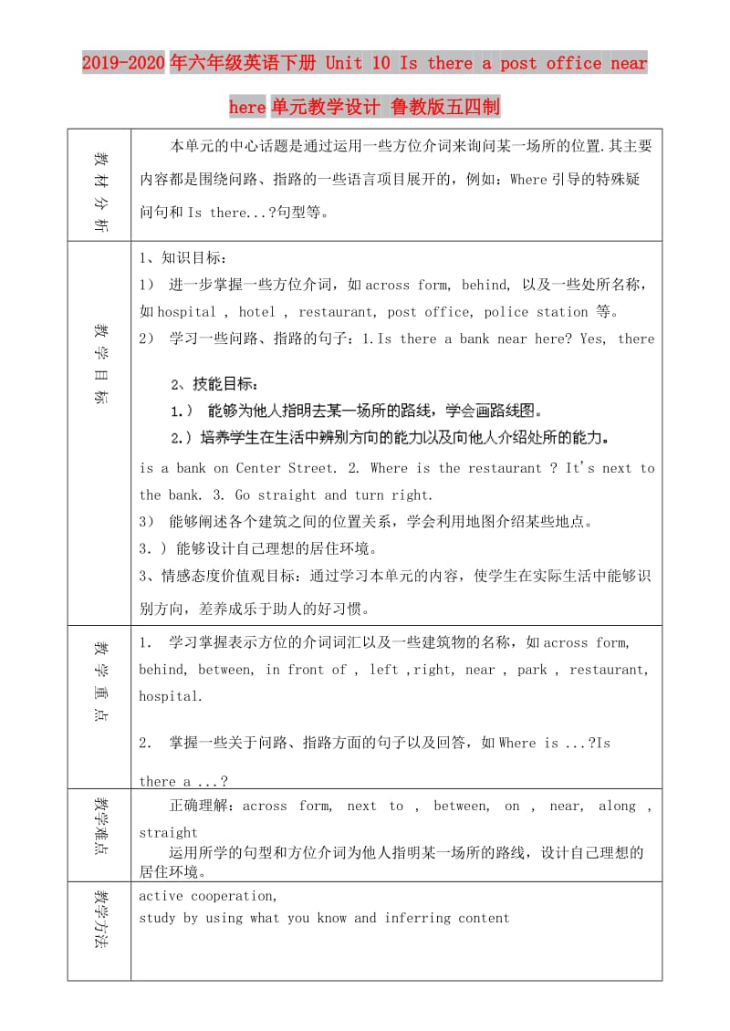 2019-2020年六年级英语下册 Unit 10 Is there a post office near here单元教学设计 鲁教版五四制.doc_第1页