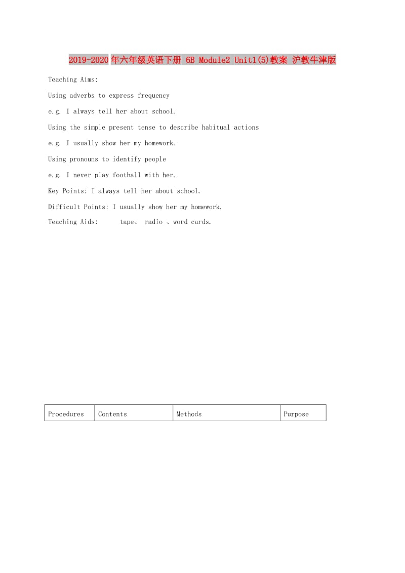 2019-2020年六年级英语下册 6B Module2 Unit1(5)教案 沪教牛津版.doc_第1页