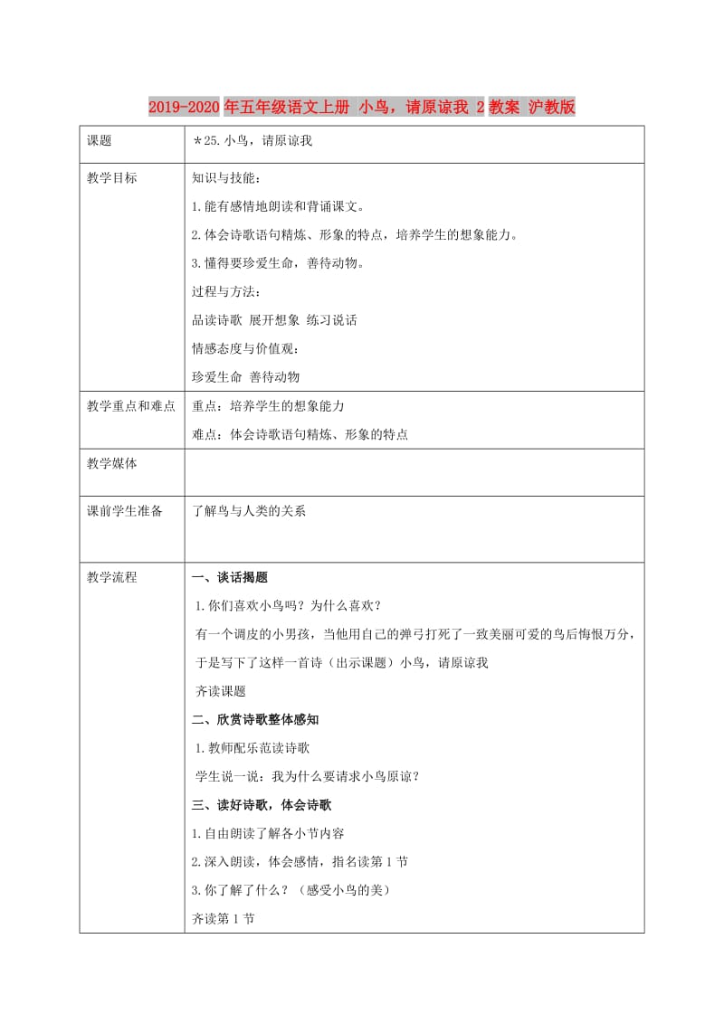 2019-2020年五年级语文上册 小鸟请原谅我 2教案 沪教版.doc_第1页