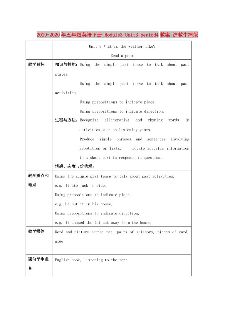 2019-2020年五年级英语下册 Module3 Unit3 period4教案 沪教牛津版.doc_第1页