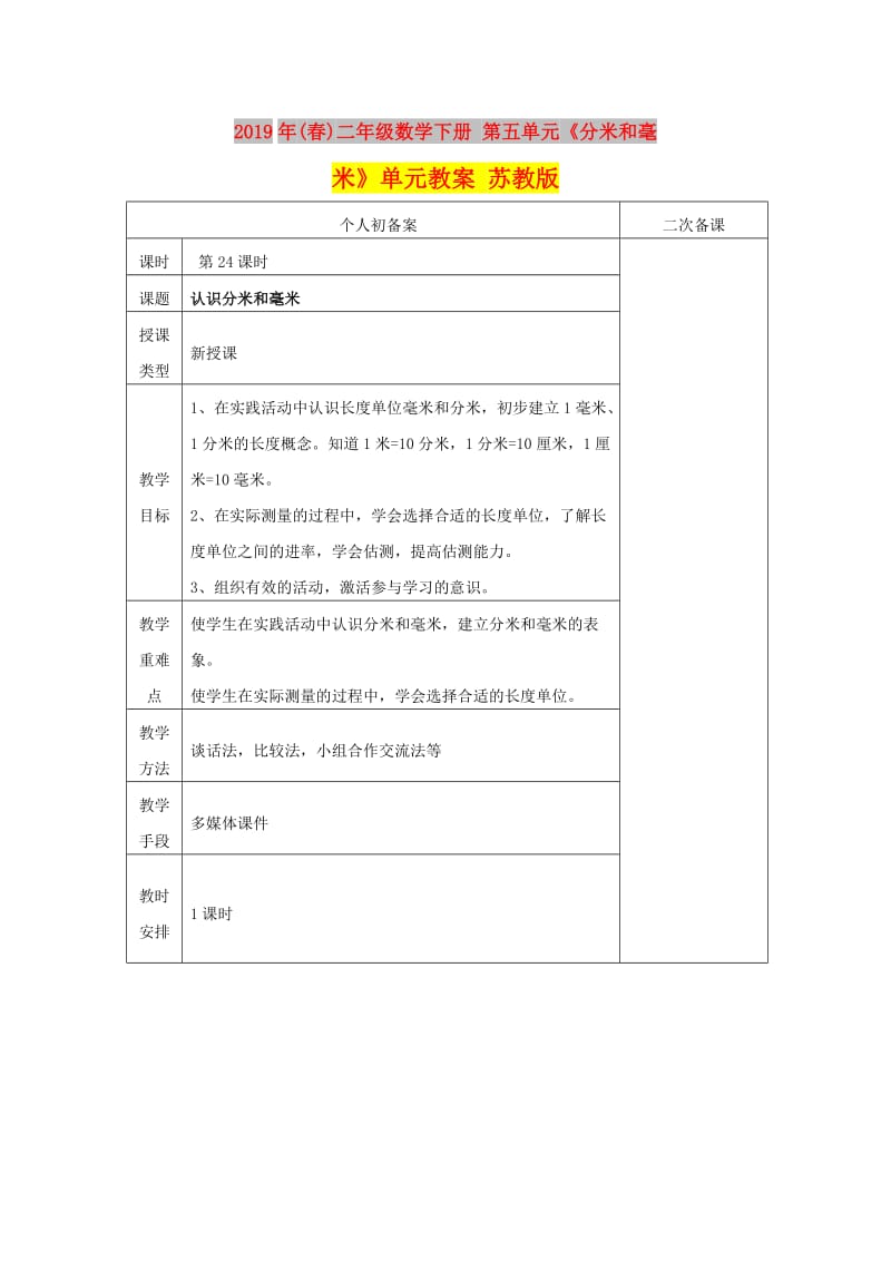 2019年(春)二年级数学下册 第五单元《分米和毫米》单元教案 苏教版.doc_第1页