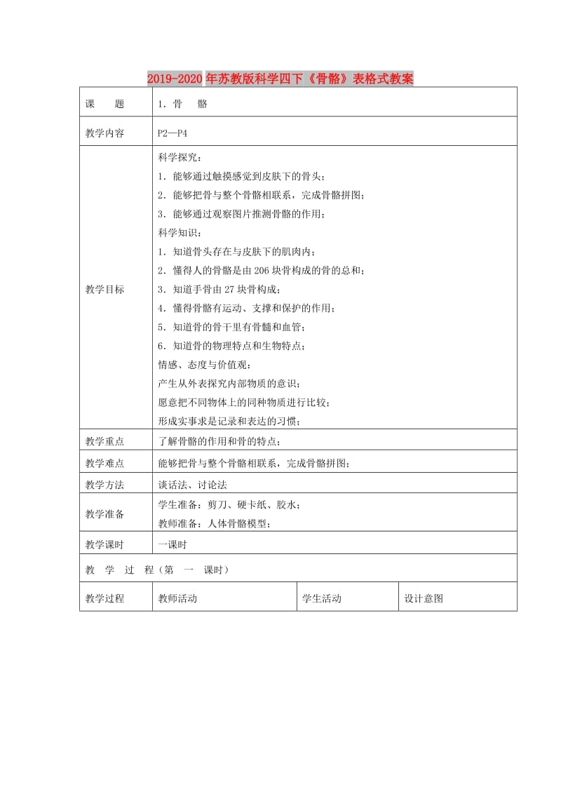 2019-2020年苏教版科学四下《骨骼》表格式教案.doc_第1页