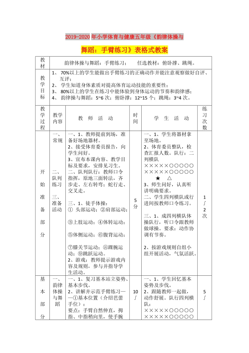 2019-2020年小学体育与健康五年级《韵律体操与舞蹈：手臂练习》表格式教案.doc_第1页