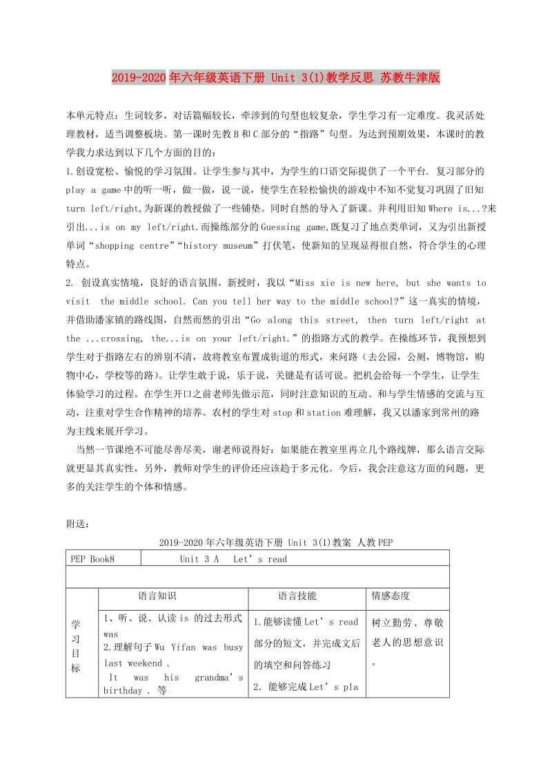 2019-2020年六年级英语下册 Unit 3(1)教学反思 苏教牛津版.doc_第1页