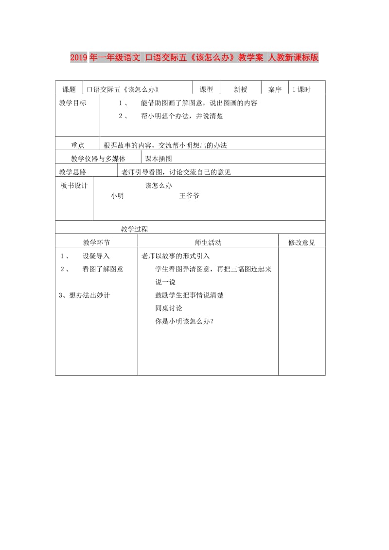 2019年一年级语文 口语交际五《该怎么办》教学案 人教新课标版.doc_第1页