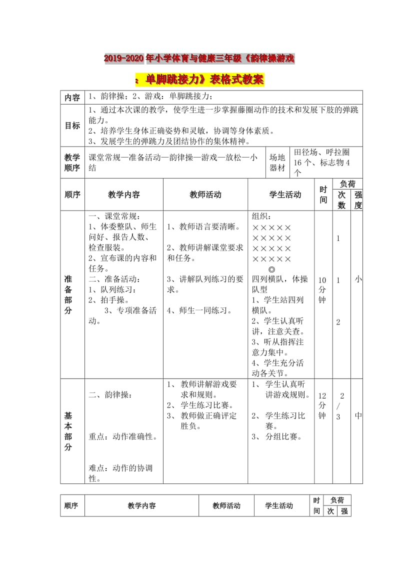 2019-2020年小学体育与健康三年级《韵律操游戏：单脚跳接力》表格式教案.doc_第1页