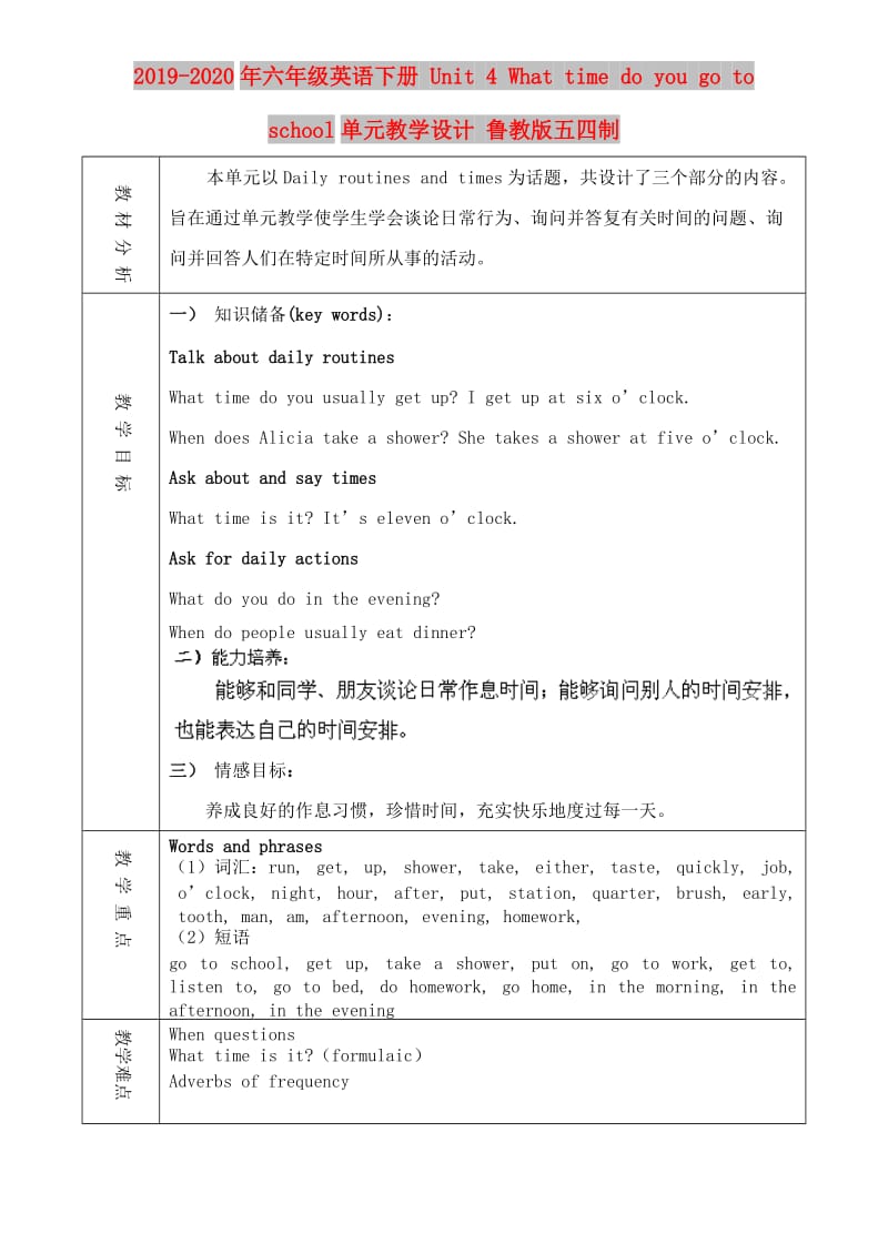 2019-2020年六年级英语下册 Unit 4 What time do you go to school单元教学设计 鲁教版五四制.doc_第1页