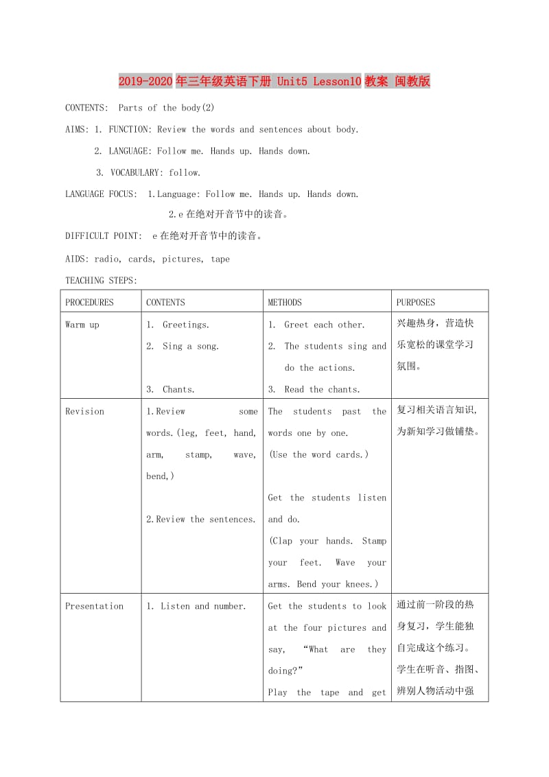 2019-2020年三年级英语下册 Unit5 Lesson10教案 闽教版.doc_第1页