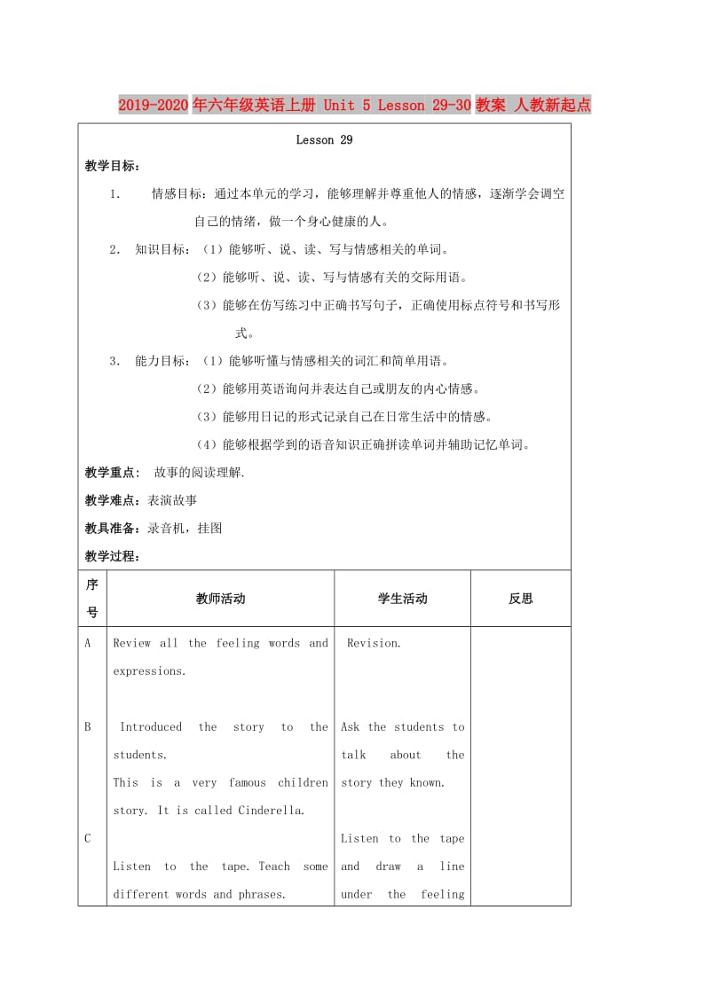 2019-2020年六年级英语上册 Unit 5 Lesson 29-30教案 人教新起点.doc_第1页