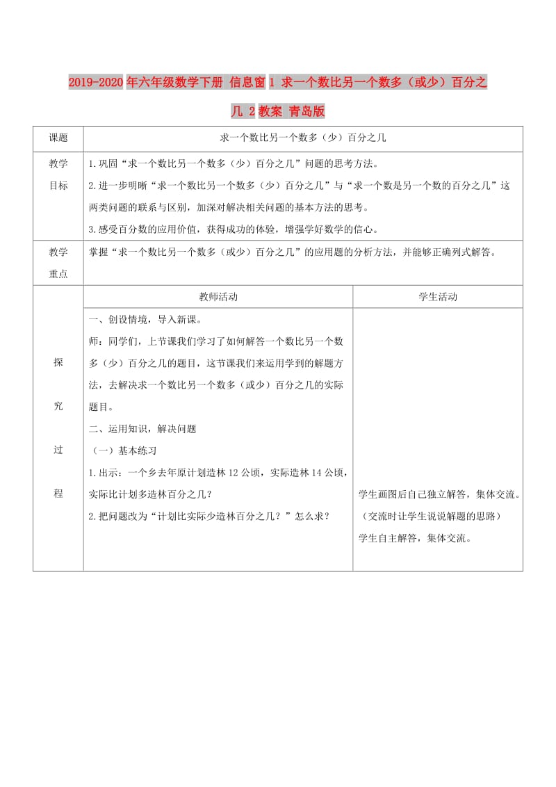 2019-2020年六年级数学下册 信息窗1 求一个数比另一个数多（或少）百分之几 2教案 青岛版.doc_第1页