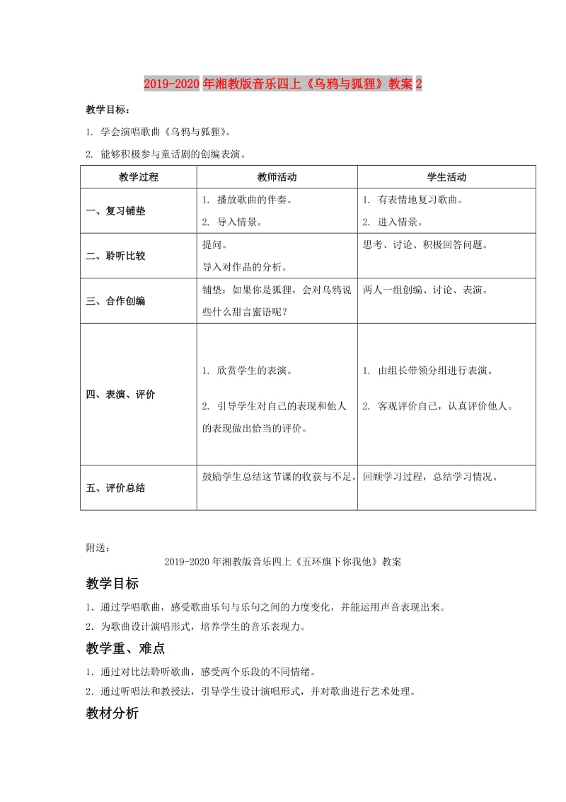 2019-2020年湘教版音乐四上《乌鸦与狐狸》教案2.doc_第1页