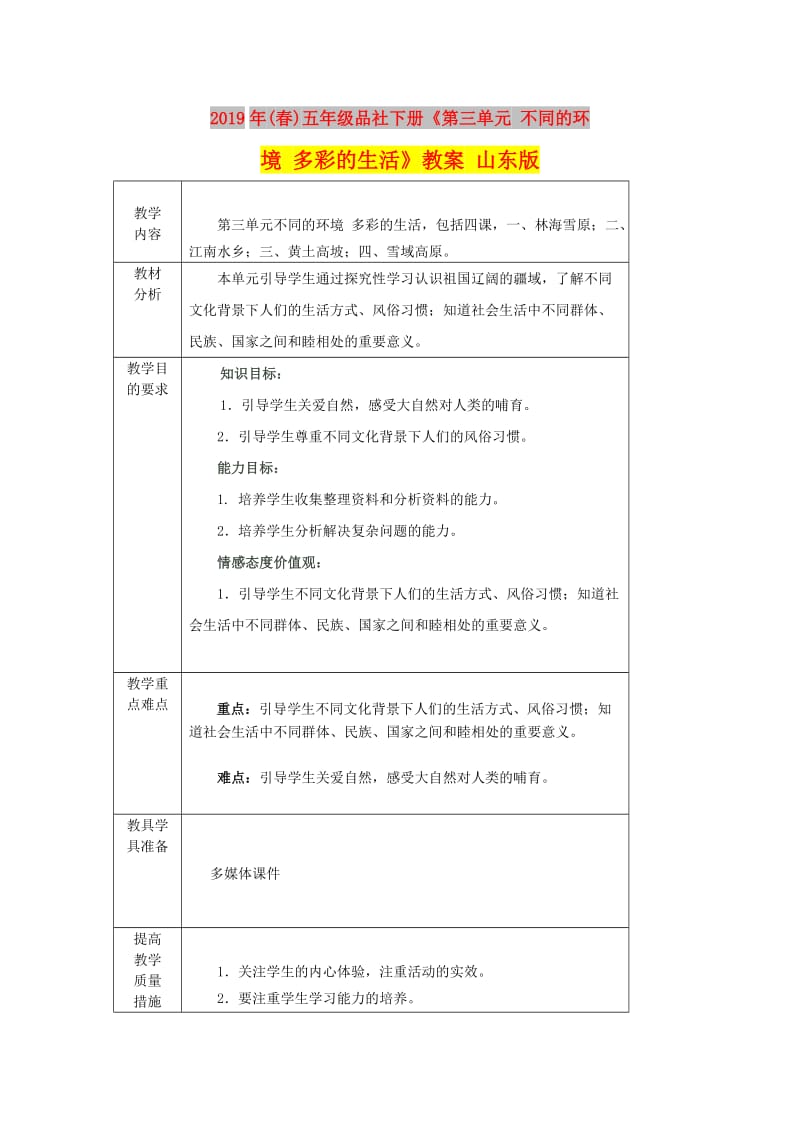 2019年(春)五年级品社下册《第三单元 不同的环境 多彩的生活》教案 山东版.doc_第1页