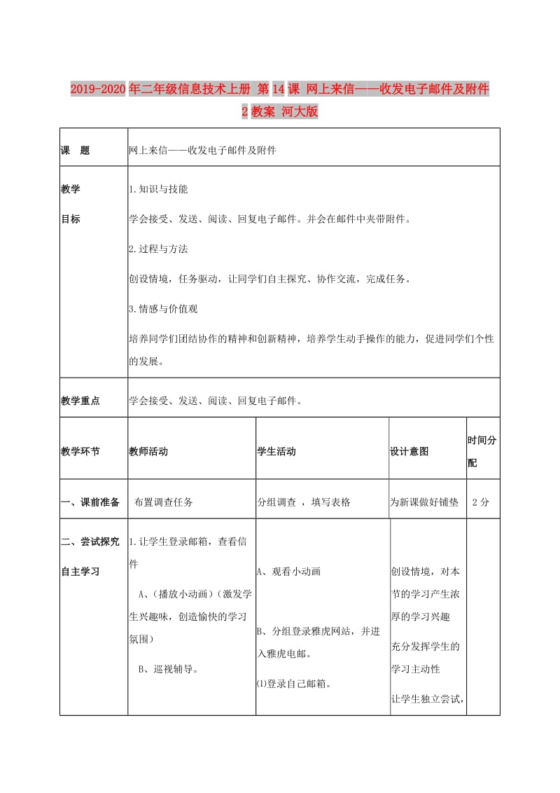 2019-2020年二年级信息技术上册 第14课 网上来信——收发电子邮件及附件 2教案 河大版.doc_第1页