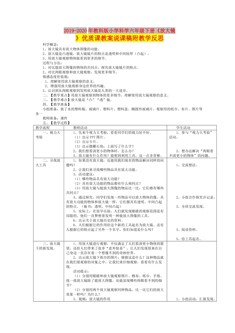 2019-2020年教科版小学科学六年级下册《放大镜》优质课教案说课稿附教学反思.doc_第1页