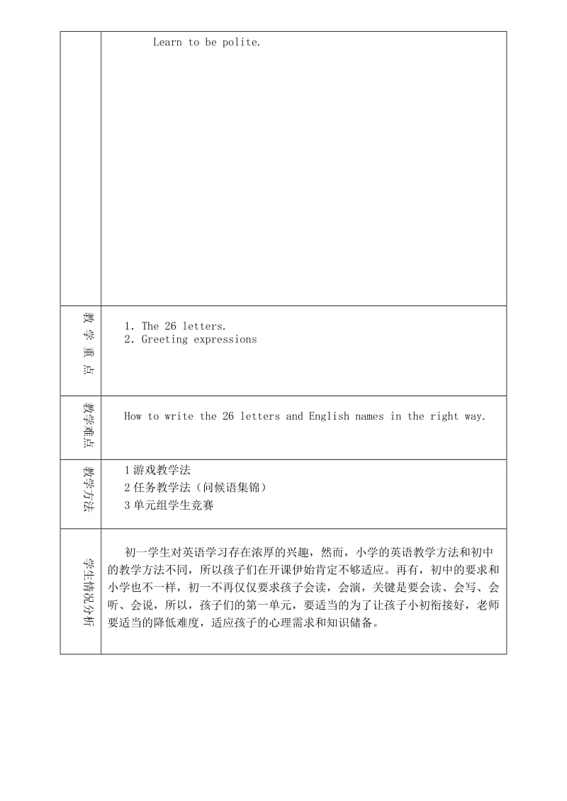 2019-2020年六年级英语上册 Unit 1 Good morning单元教学设计 鲁教版五四制.doc_第2页