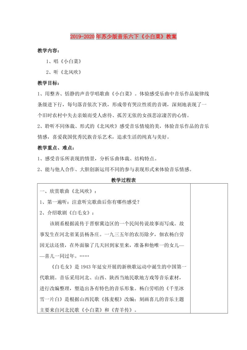 2019-2020年苏少版音乐六下《小白菜》教案.doc_第1页