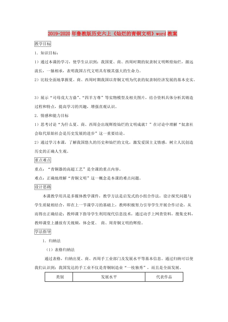 2019-2020年鲁教版历史六上《灿烂的青铜文明》word教案.doc_第1页