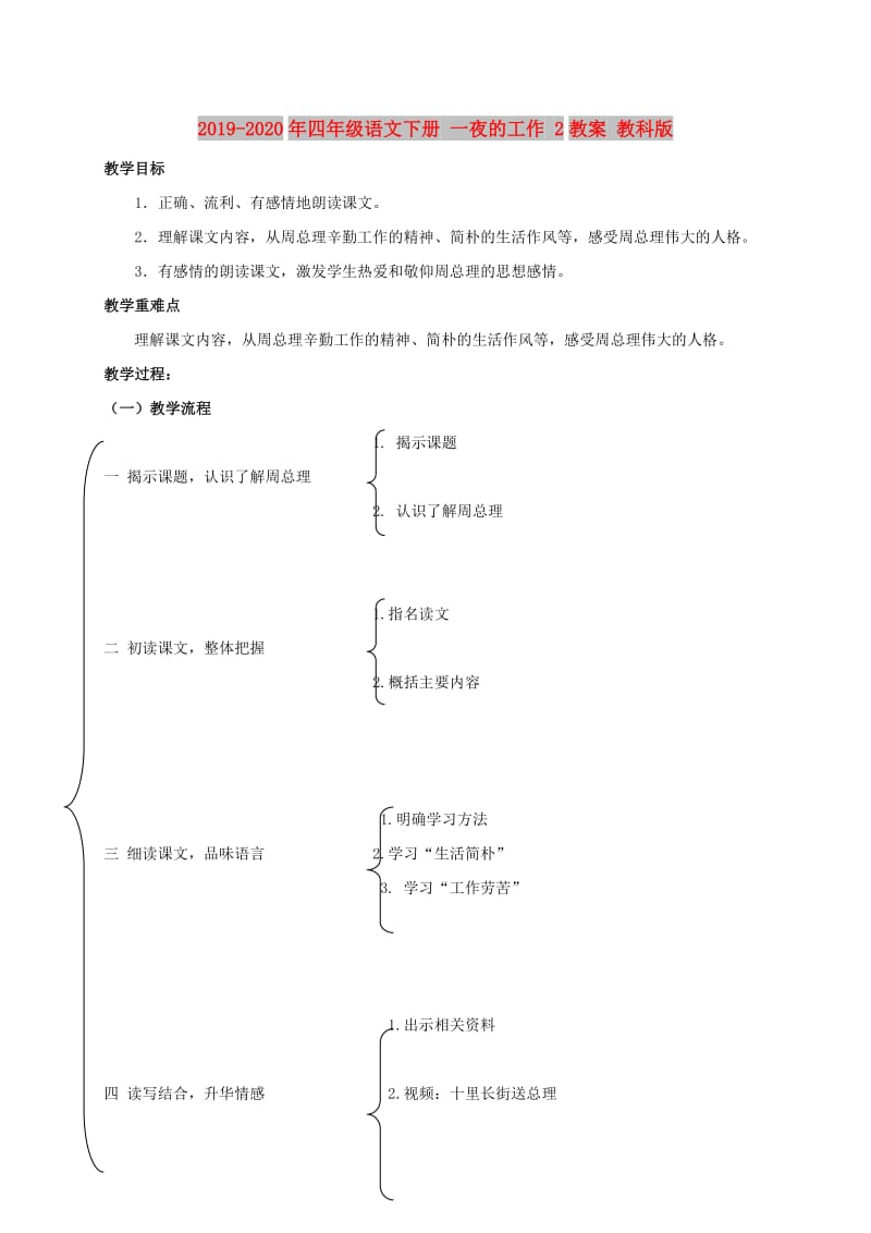 2019-2020年四年级语文下册 一夜的工作 2教案 教科版.doc_第1页