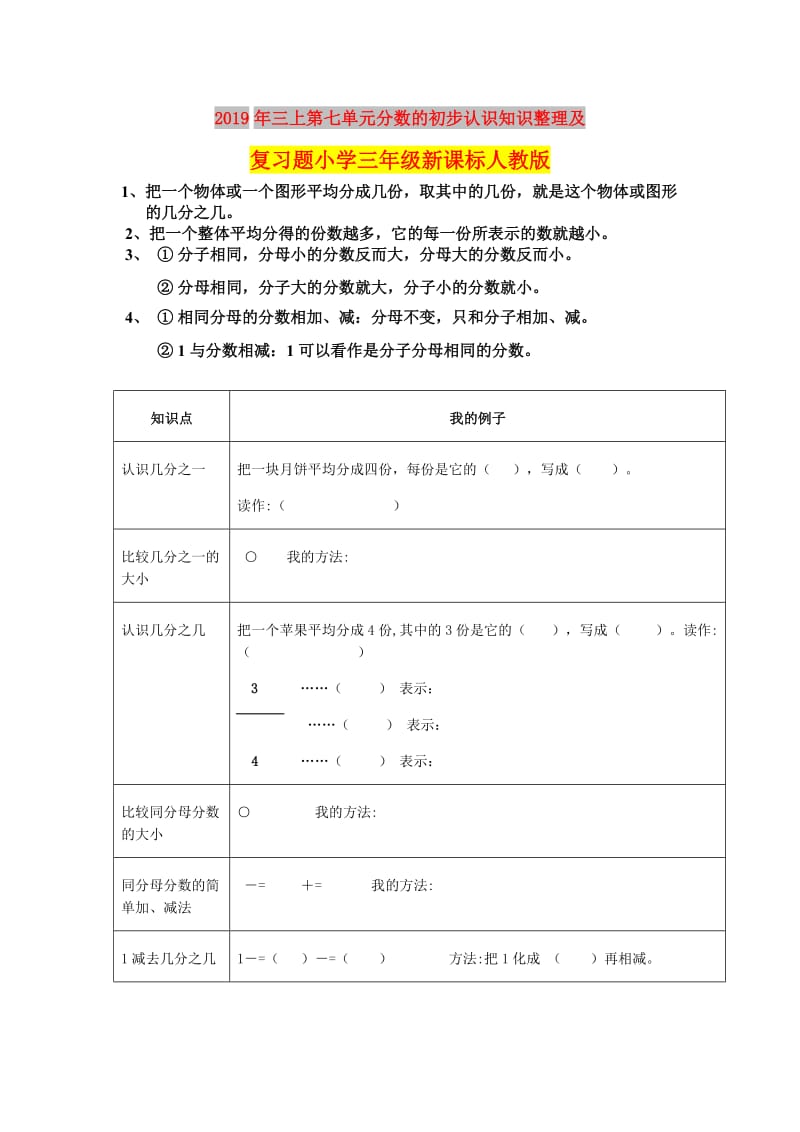 2019年三上第七单元分数的初步认识知识整理及复习题小学三年级新课标人教版.doc_第1页