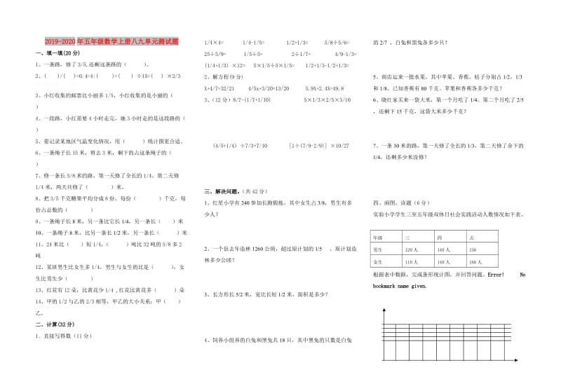 2019-2020年五年级数学上册八九单元测试题.doc_第1页