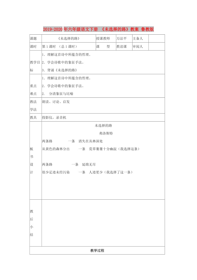 2019-2020年六年级语文下册 《未选择的路》教案 鲁教版.doc_第1页