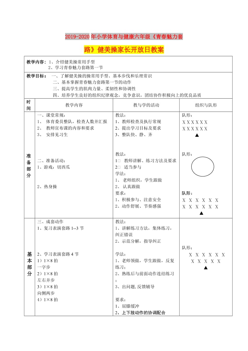 2019-2020年小学体育与健康六年级《青春魅力套路》健美操家长开放日教案.doc_第1页