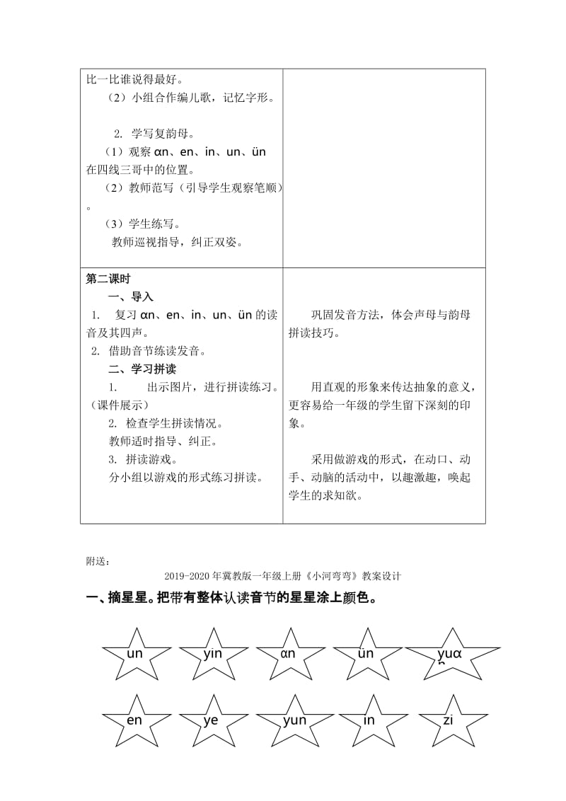 2019-2020年冀教版一年级上册《小河弯弯》ɑn、en、in、un、ün教案设计.doc_第3页