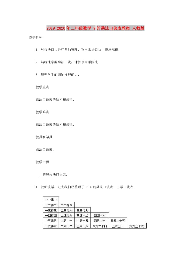 2019-2020年二年级数学 9的乘法口诀表教案 人教版.doc_第1页