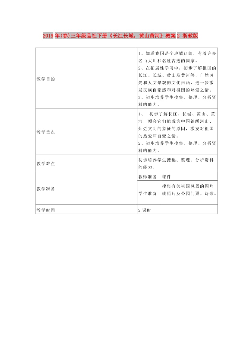 2019年(春)三年级品社下册《长江长城黄山黄河》教案2 浙教版 .doc_第1页