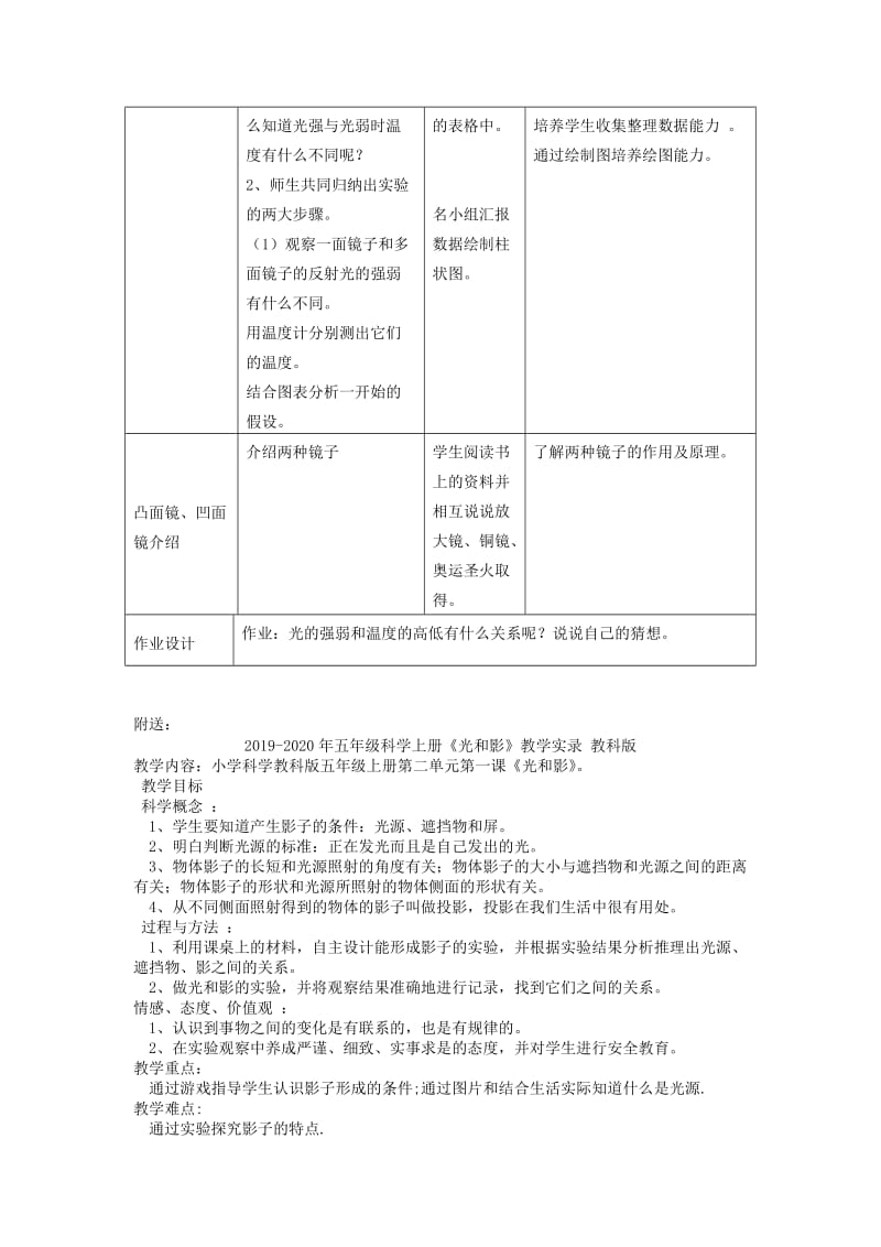 2019-2020年五年级科学上册《光与热》表格教案 教科版.doc_第2页