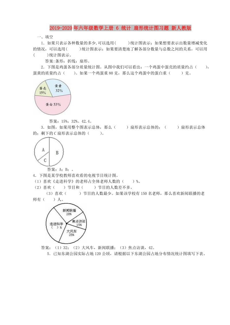 2019-2020年六年级数学上册 6 统计 扇形统计图习题 新人教版.doc_第1页