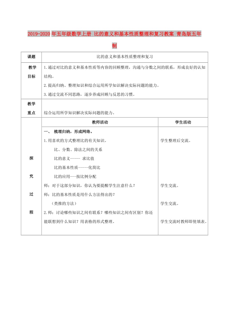 2019-2020年五年级数学上册 比的意义和基本性质整理和复习教案 青岛版五年制.doc_第1页