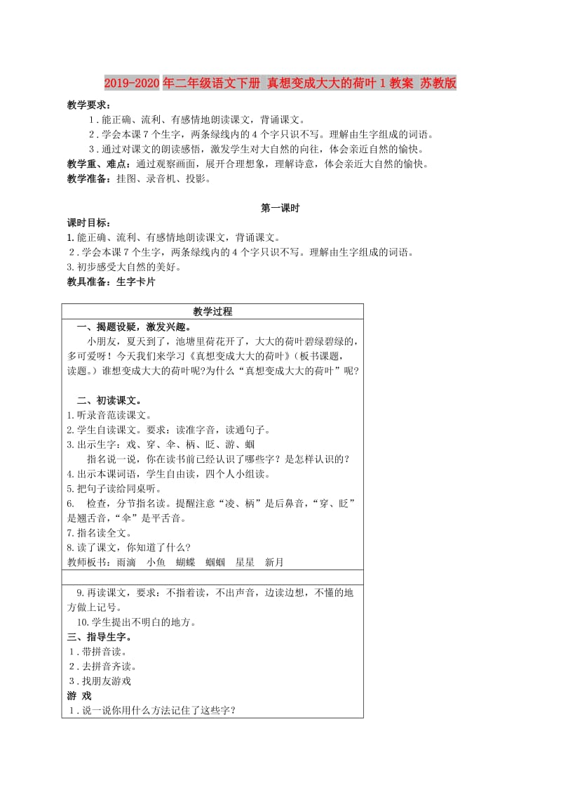 2019-2020年二年级语文下册 真想变成大大的荷叶１教案 苏教版.doc_第1页