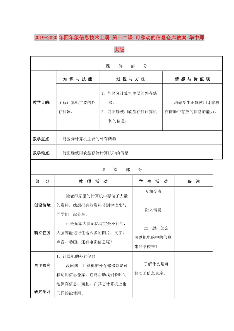 2019-2020年四年级信息技术上册 第十二课 可移动的信息仓库教案 华中师大版.doc_第1页