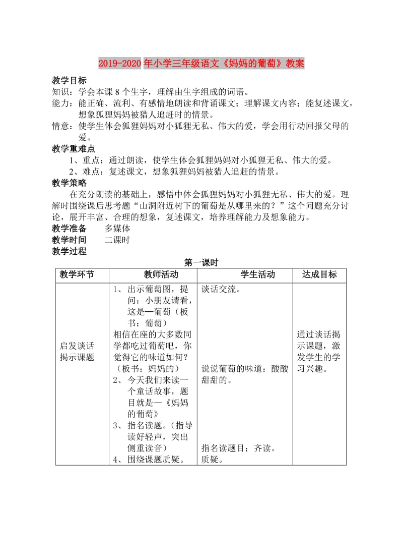 2019-2020年小学三年级语文《妈妈的葡萄》教案.doc_第1页