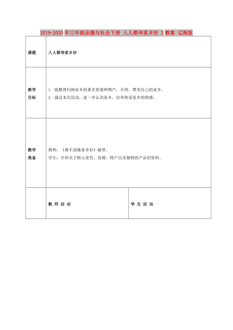 2019-2020年三年级品德与社会下册 人人都夸家乡好 2教案 辽海版.doc_第1页