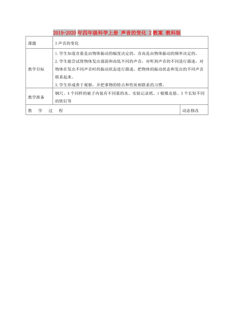 2019-2020年四年级科学上册 声音的变化 2教案 教科版.doc_第1页