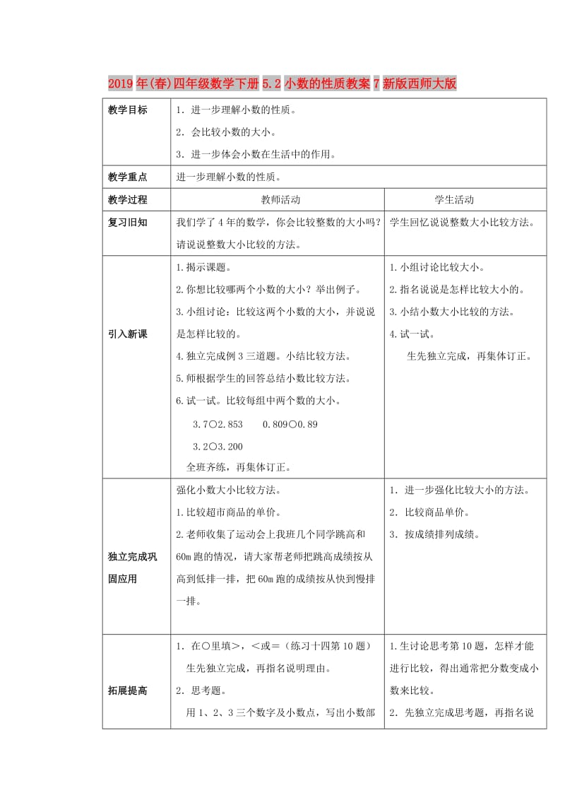 2019年(春)四年级数学下册5.2小数的性质教案7新版西师大版 .doc_第1页