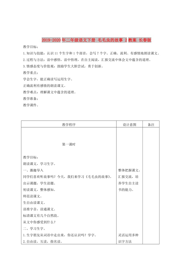 2019-2020年二年级语文下册 毛毛虫的故事 2教案 长春版.doc_第1页