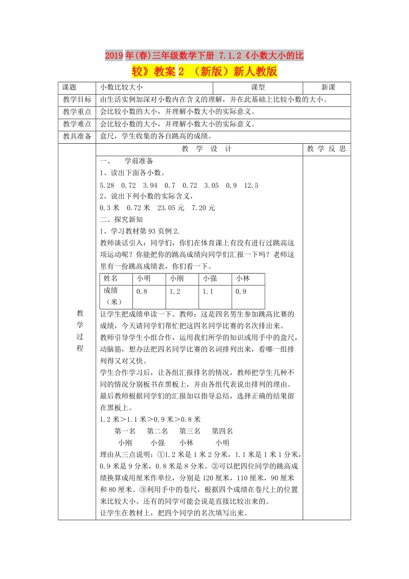 2019年(春)三年级数学下册 7.1.2《小数大小的比较》教案2 （新版）新人教版.doc_第1页