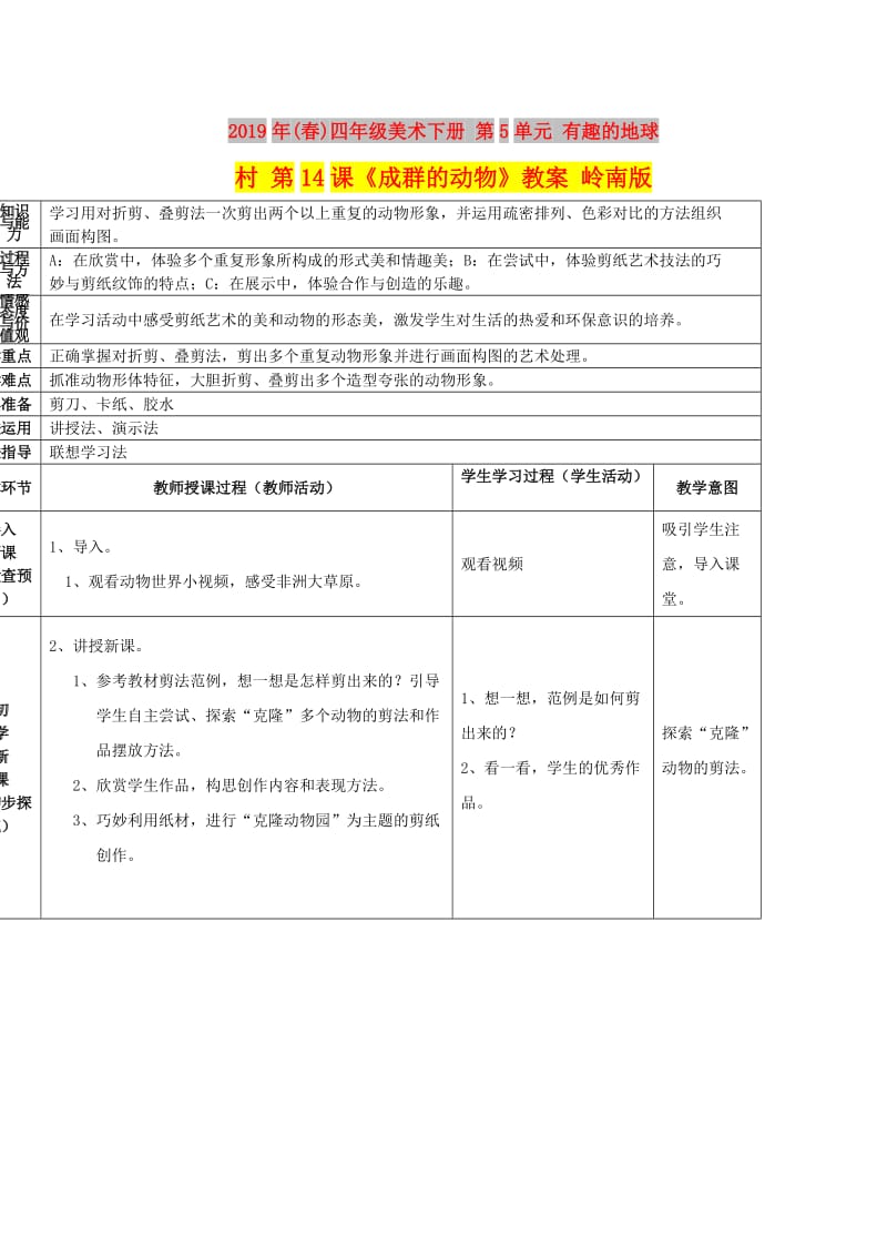 2019年(春)四年级美术下册 第5单元 有趣的地球村 第14课《成群的动物》教案 岭南版.doc_第1页